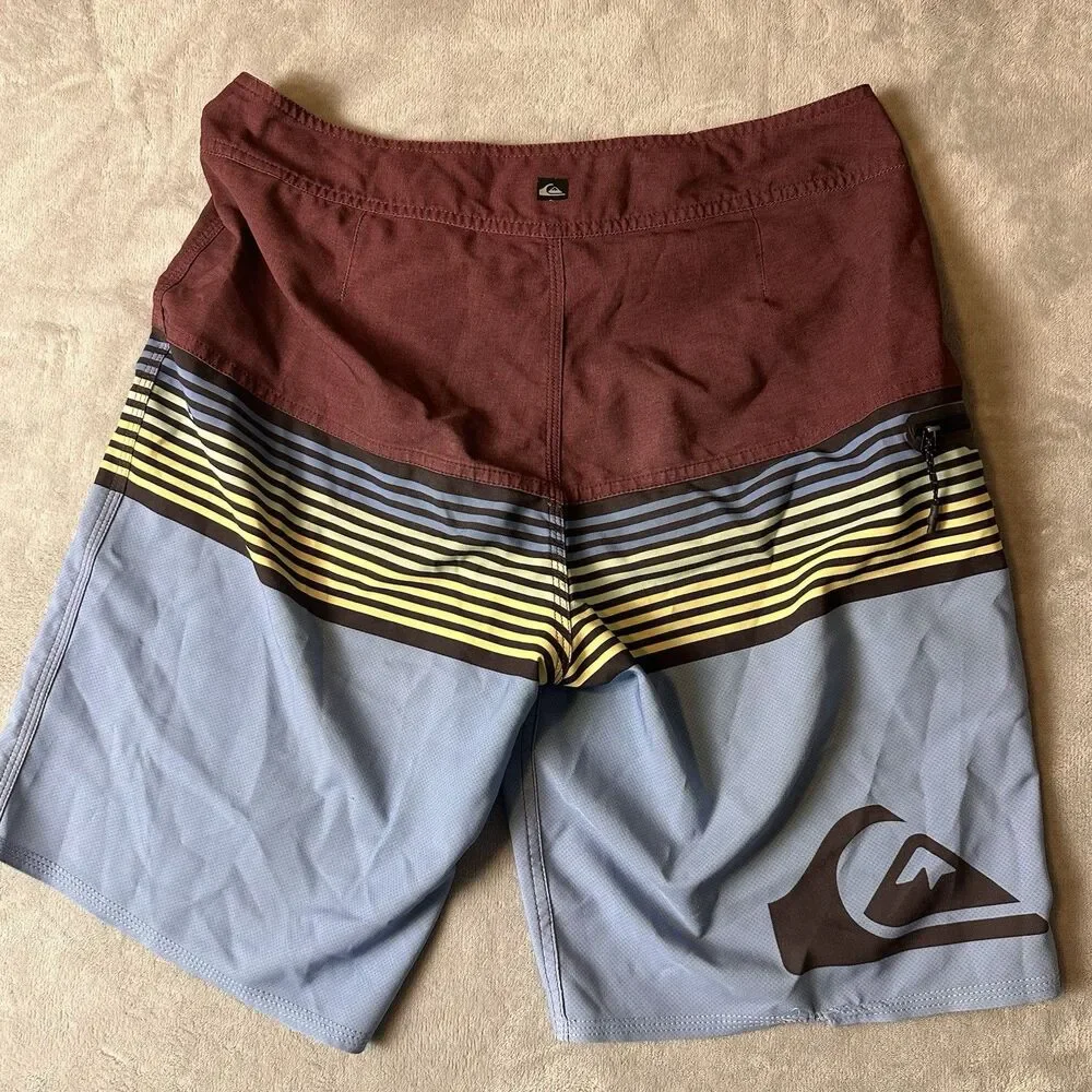 Quiksilver Men's Board Shorts Size 32 waist Striped Burgundy Blue Yellow Black
